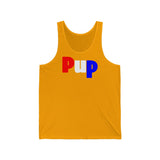 Pup all gender Jersey Tank with available contrast ringer design.