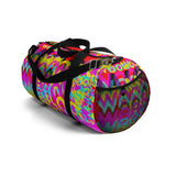 CMYK woof! duffle bag on red background.