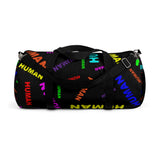 "be human" human Duffle Bag (bright rainbow and black all over print)