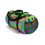 CMYK woof! duffle bag on neon green background.