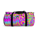 CMYK woof! duffle bag on bright magenta back ground.