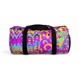 CMYK woof! duffle bag on bright magenta back ground.