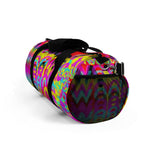 CMYK woof! duffle bag on red background.