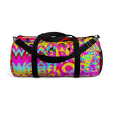 CMYK woof! duffle bag on red background.