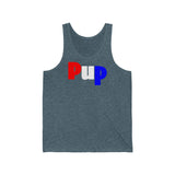 Pup all gender Jersey Tank with available contrast ringer design.