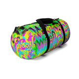 CMYK woof! duffle bag on neon green background.