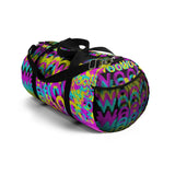 CMYK woof! duffle bag on black background.