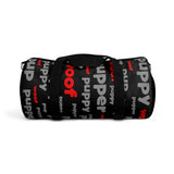 custom pup woof puppy pupper Duffle Bag red lt grey black