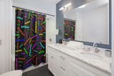 "be human" human Shower Curtains (bright rainbow and black all over print)