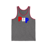 Pup all gender Jersey Tank with available contrast ringer design.