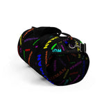 "be human" human Duffle Bag (bright rainbow and black all over print)