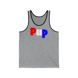 Pup all gender Jersey Tank with available contrast ringer design.