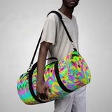 CMYK woof! duffle bag on neon green background.