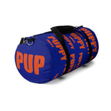 custom puppy Duffle Bag "PUP" dark blue and dark orange version three