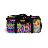 CMYK woof! duffle bag on black background.