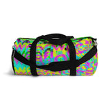 CMYK woof! duffle bag on neon green background.
