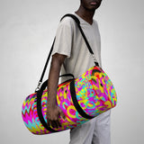 CMYK woof! duffle bag on red background.