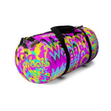 CMYK woof! duffle bag on bright magenta back ground.