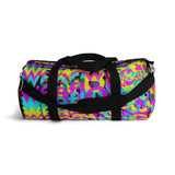 CMYK woof! duffle bag on black background.