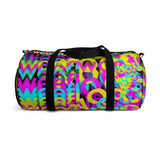 CMYK woof! duffle bag on black background.