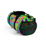 CMYK woof! duffle bag on neon green background.