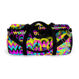 CMYK woof! duffle bag on black background.