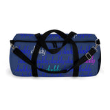 custom daddy Duffle Bag blue on blue daddy script grid with pops of color