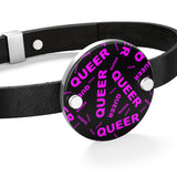 "be queer" queer Leather Bracelet (black and pink all over print)