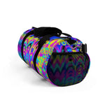 Copy of CMYK woof! duffle bag on blue background.