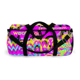 CMYK woof! duffle bag on bright magenta back ground.