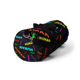 "be human" human Duffle Bag (bright rainbow and black all over print)