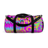 CMYK woof! duffle bag on bright magenta back ground.
