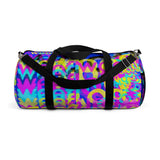 Copy of CMYK woof! duffle bag on blue background.