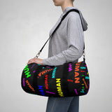 "be human" human Duffle Bag (bright rainbow and black all over print)