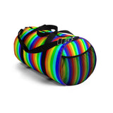 rainbow candy stripe duffle bag with stay curious, be wonderful. in pink.