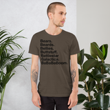 Bears. Beards. Bellies. Buttstuff. Battlestar Galactica. BaBaBaBoom. all gender T-Shirt up to 4XL