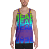 BEAR all over print tank top alternative rainbow gradient on purple background.