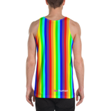 rainbow candy stripe all over print tank top stay curious, be wonderful. in pink. be human pink and white on back.