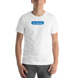 "be femme" Short-Sleeve Unisex T-Shirt (blue and white graphic)