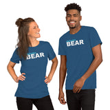 "destination bear" Short-Sleeve Unisex T-Shirt (light blue and white graphic)