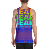BEAR all over print tank top alternative rainbow gradient on purple background.