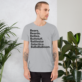 Bears. Beards. Bellies. Buttstuff. Battlestar Galactica. BaBaBaBoom. all gender T-Shirt up to 4XL