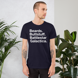 Beards. Buttstuff. BSG. all gender T-Shirt white ink