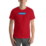 "be femme" Short-Sleeve Unisex T-Shirt (blue and white graphic)