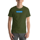 "be femme" Short-Sleeve Unisex T-Shirt (blue and white graphic)