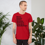 Bears. Beards. Bellies. Buttstuff. Battlestar Galactica. BaBaBaBoom. all gender T-Shirt up to 4XL