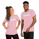 "destination bear" Short-Sleeve Unisex T-Shirt (light blue and white graphic)