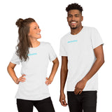"destination bear" Short-Sleeve Unisex T-Shirt (light blue and white graphic)