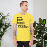 Bears. Beards. Bellies. Buttstuff. Battlestar Galactica. BaBaBaBoom. all gender T-Shirt up to 4XL