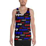 Pup puppy supper woof All-Over Print all gender Tank Top red white and blue on black background